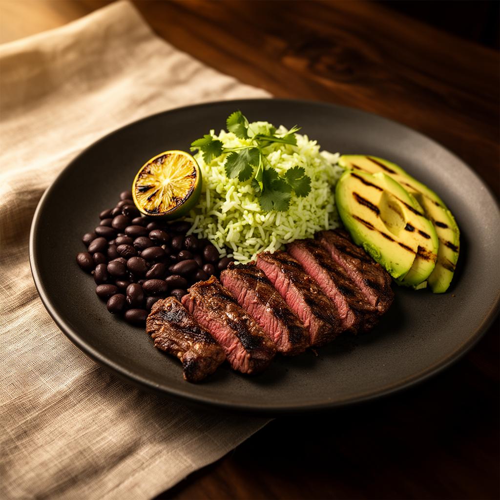 Carne Asada Plate — Grilled skirt steak, black beans, cilantro-lime rice, charred avocado.