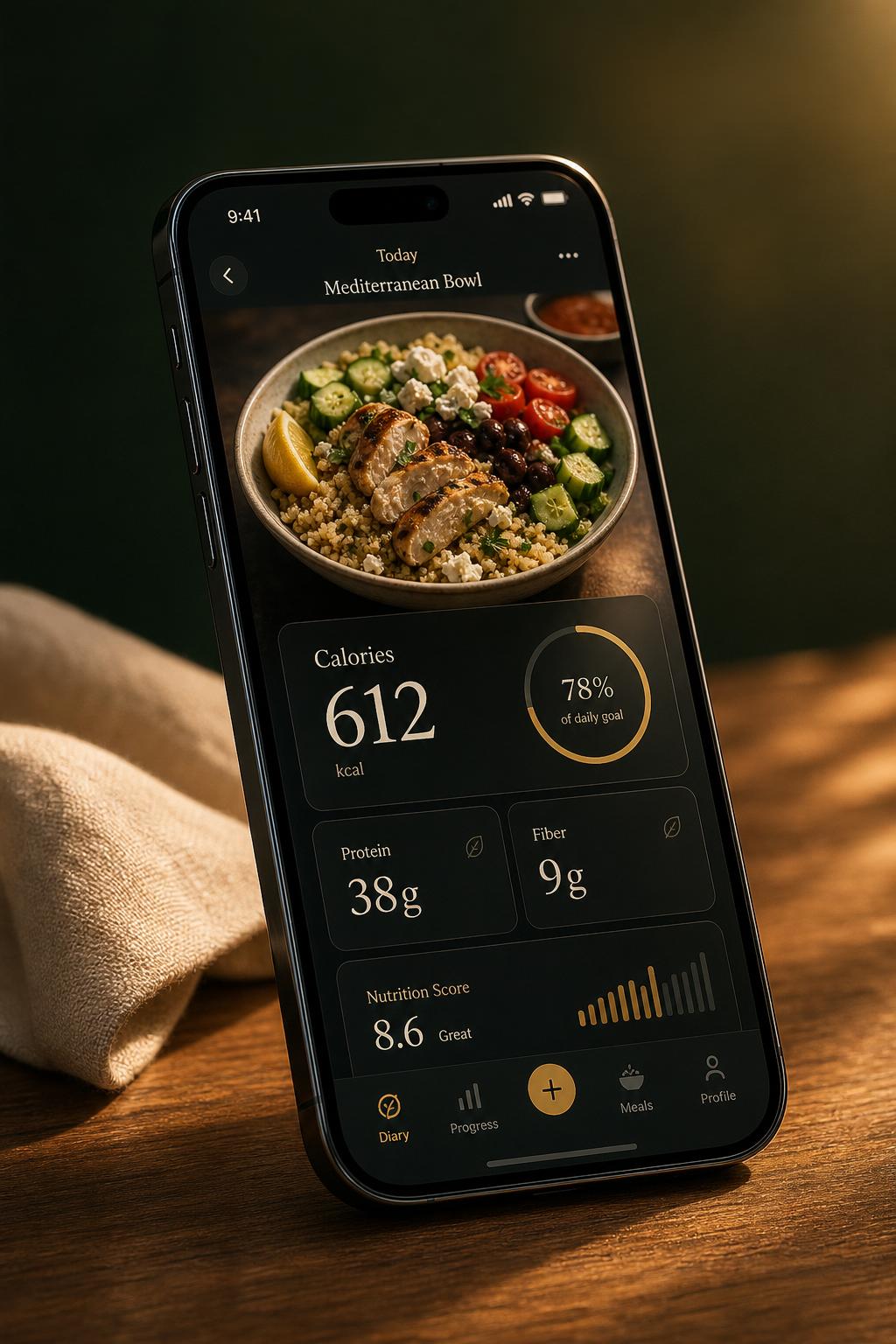 Mealcent AI on iPhone — calm, editorial nutrition interface in warm golden light